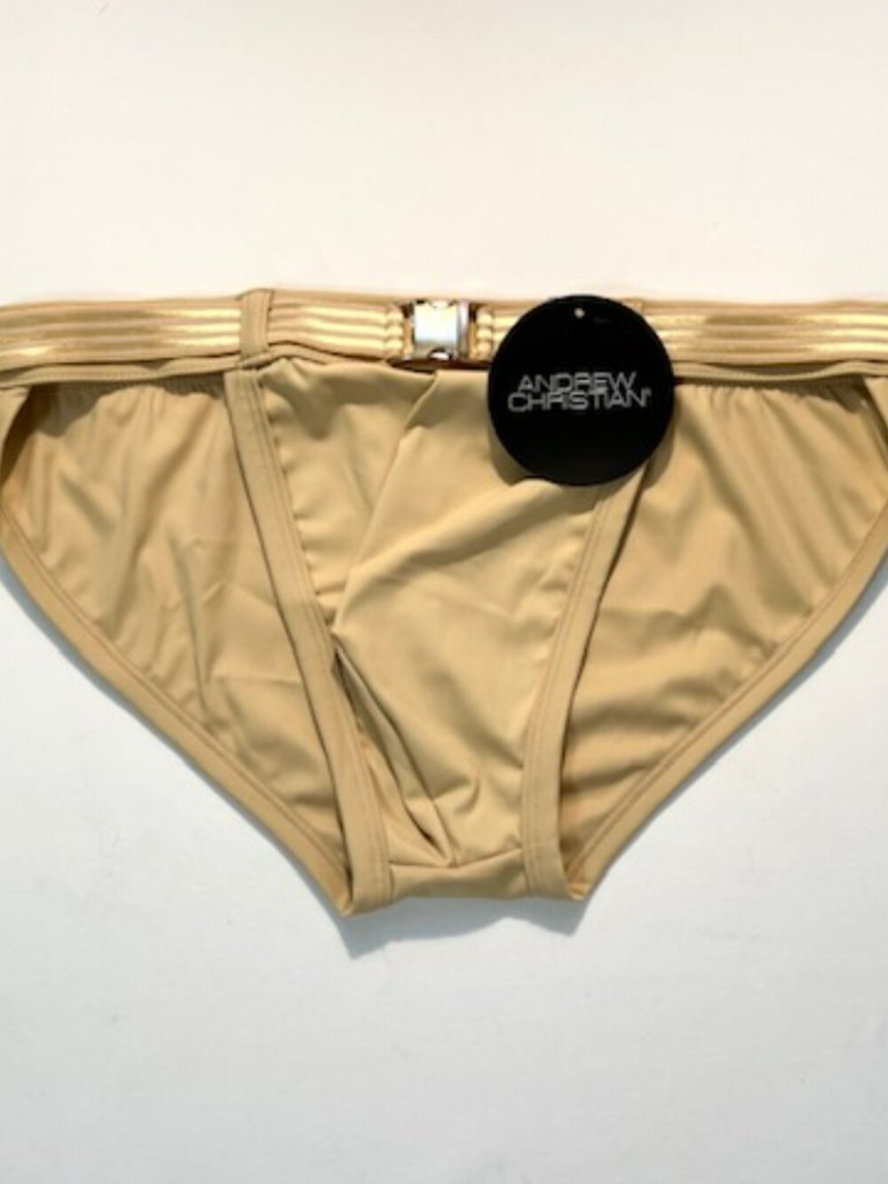 Andrew Christian Size M Solid Swim Bikini w/Striped Belt + Buckle - Sand/Gold - Picture 5 of 14